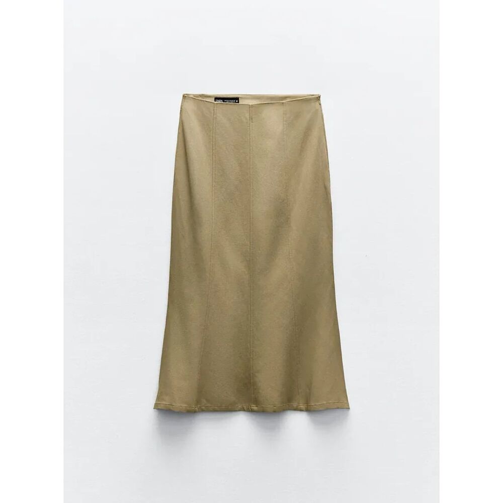 Khaki Brown Zara Flounce Hem Midi Skirt (NWT) - Picture 4 of 5